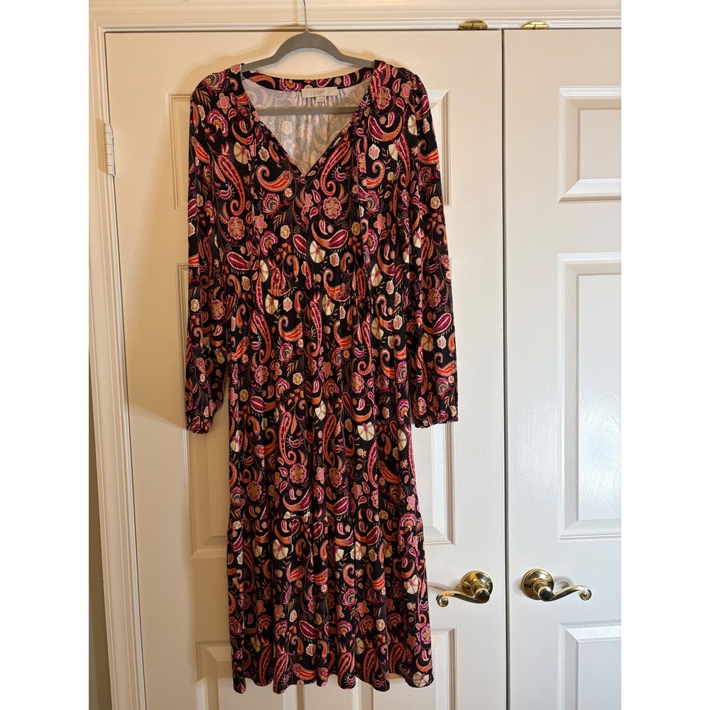 LOFT Paisley Midi Dress Women Medium Black Pink Excellent Boho Whimsigoth Tiered